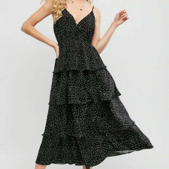 knee length dresses for ladies Tiered Black and White A Line Midi Tulle Polka Dot Dress with Ruffles main image 0